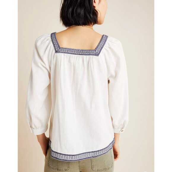 Anthropologie Maeve Liyah Embroidered Linen Blend Peasant Blouse Size 2 - Picture 2 of 13